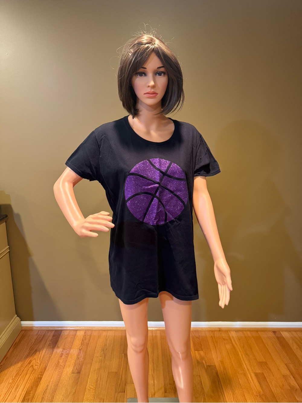 Anvil Black Short Sleeve Tee with Purple Glitter Basketball Graphic
